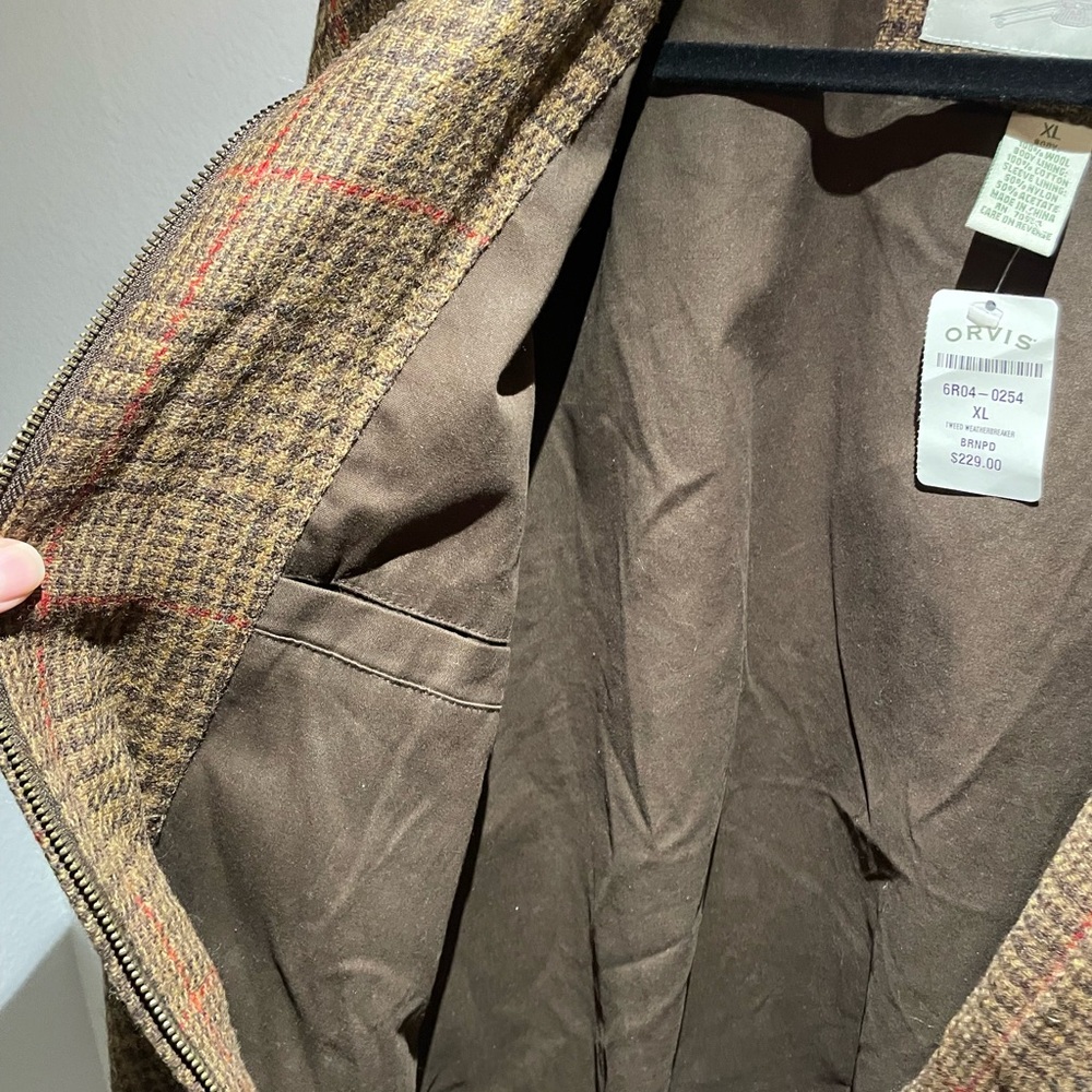 Orvis Vtg Wool Brown Check Plaid Bomber Jacket XL Corduroy Collar Houndstooth - Picture 8 of 8